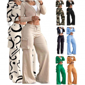 Custom LOGO Loungewear Women Set Two pieces Tracksuit Women Patchwork Wide Leg Pants Two Piece Set casual womenclothing