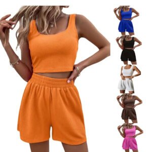 Custom logo summer tracksuit set elastic ribbed female casual wear 2 pcs set womens clothing