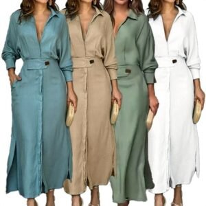 Elegant Women Slit Maxi Dress Lapel V Neck Long Sleeve Pocketed Shirt Dress Spring Autumn New Office Lady Casual A-line Dress