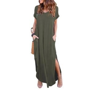 Elegant Women Summer Loose Dress Solid V-neck Short Sleeve Casual Maxi Length Lady Dresses