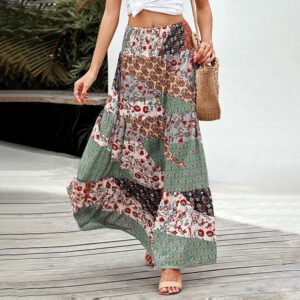 Ethnic Style Women Long Skirts Summer High Waist Big Swing Floral Dress New Lady Casual Loose Vintage Skirt 2023