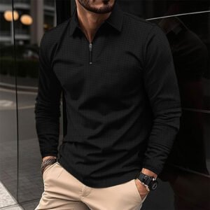 Europe and America men's lapel fashion solid color Waffle long sleeve men's T-shirt POLO