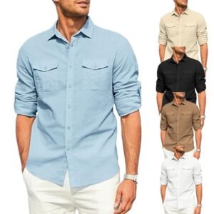 European and American men's shirt double pocket cotton linen long sleeve shirt casual holiday shirt