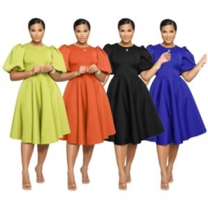 European And American Round Neck Bubble Sleeve Waist A-Line Casual Dress