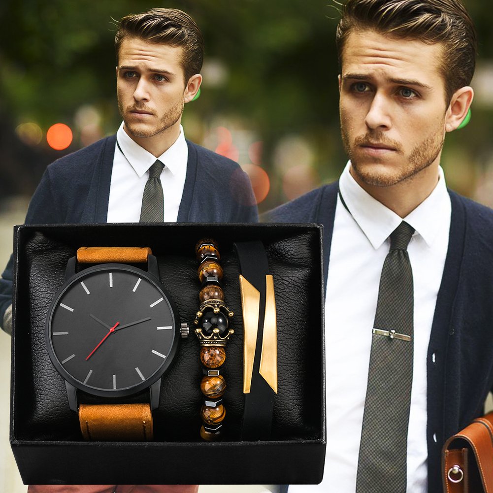 Fashion Business Watches for men Leather Strap quartz Watch Bracelet Set With box men gift set watch jewelry sets