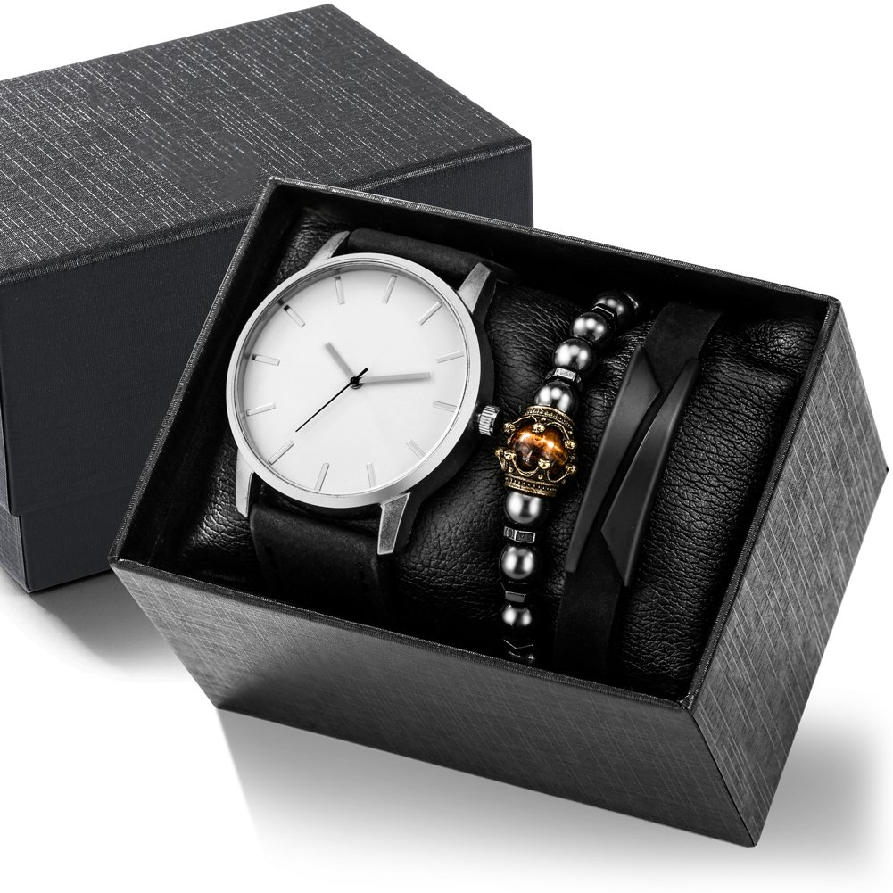 Fashion Business Watches for men Leather Strap quartz Watch Bracelet Set With box men gift set watch jewelry sets