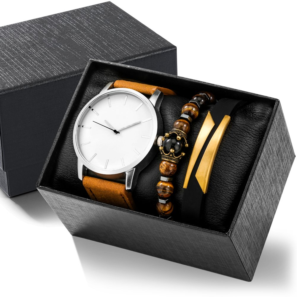 Fashion Business Watches for men Leather Strap quartz Watch Bracelet Set With box men gift set watch jewelry sets