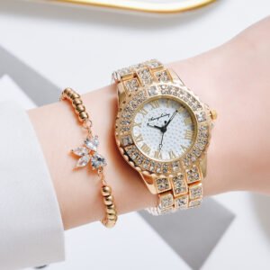Fashion Hip Hop Watches Bling Full Rhinestone Diamond Luxury Iced Out watches women Gold bracelet Watch Set for Gifts