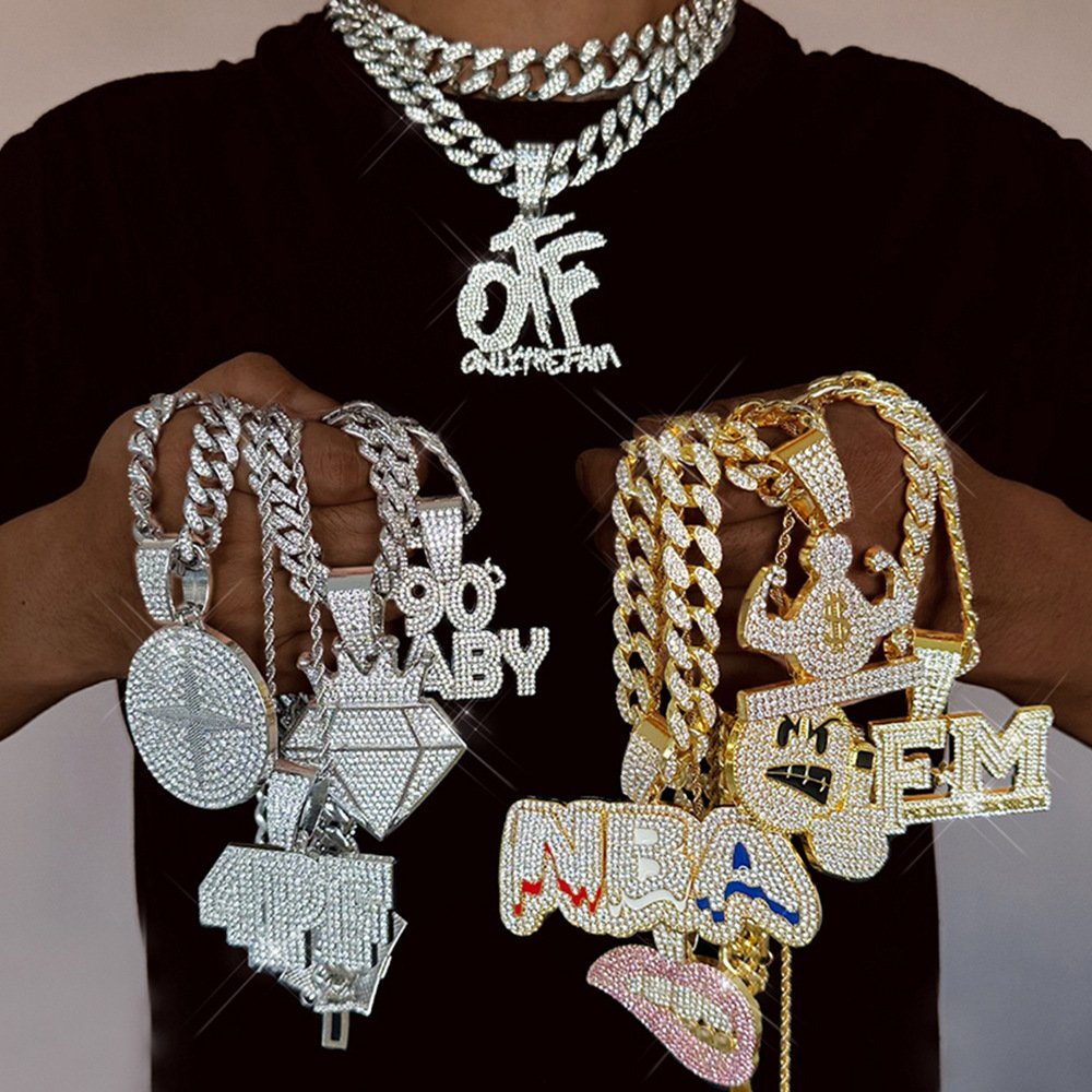 Fashion Letter Pendant with necklace set HipHop Rap Cuban Chain iced out Necklace with Pendant set Jewelry sets New Year Gift