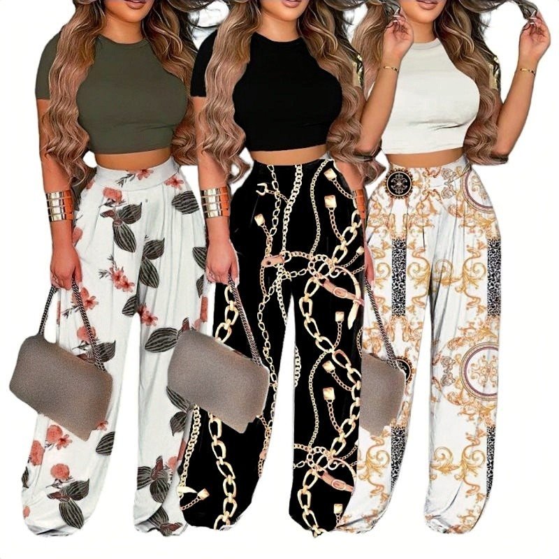 Fashion Print Lady Summer Set O-neck Short Sleeve Crop Top+ Long Loose Wide Leg Pants New Women Casual Two Piece Set