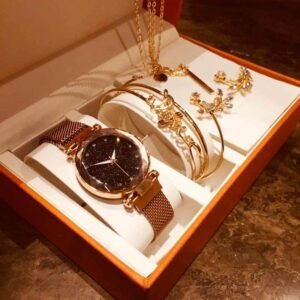 Fashion Watches Set Women Rose Gold Mesh Magnet Starry Sky Quartz Wristwatch Creative Necklace Bracelets Earrings Gift For Women