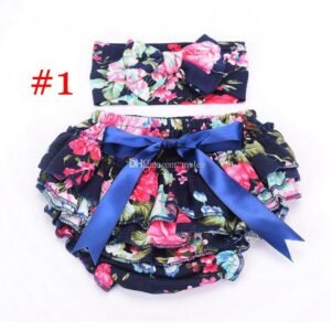 Girls flora printed Pants With Flower Headbands set Tutu PP bow knot shorts bloomer outfits