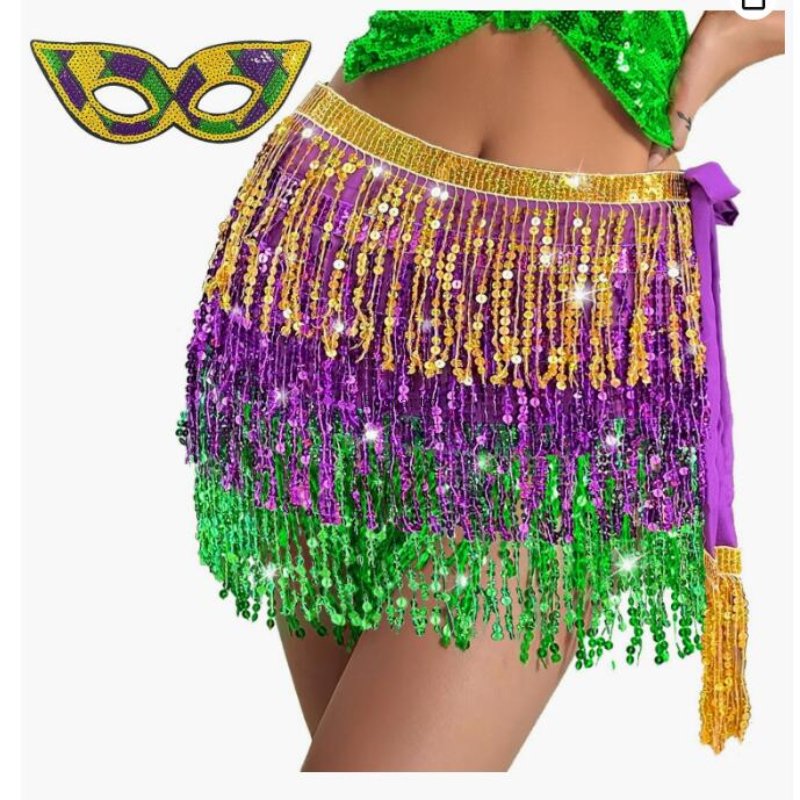 Halloween Party Festival Costume minthson 2pcs set Women's Sequin Skirt Belly Dance Fringe Skirt Tassel Hip Scarf Multilayer