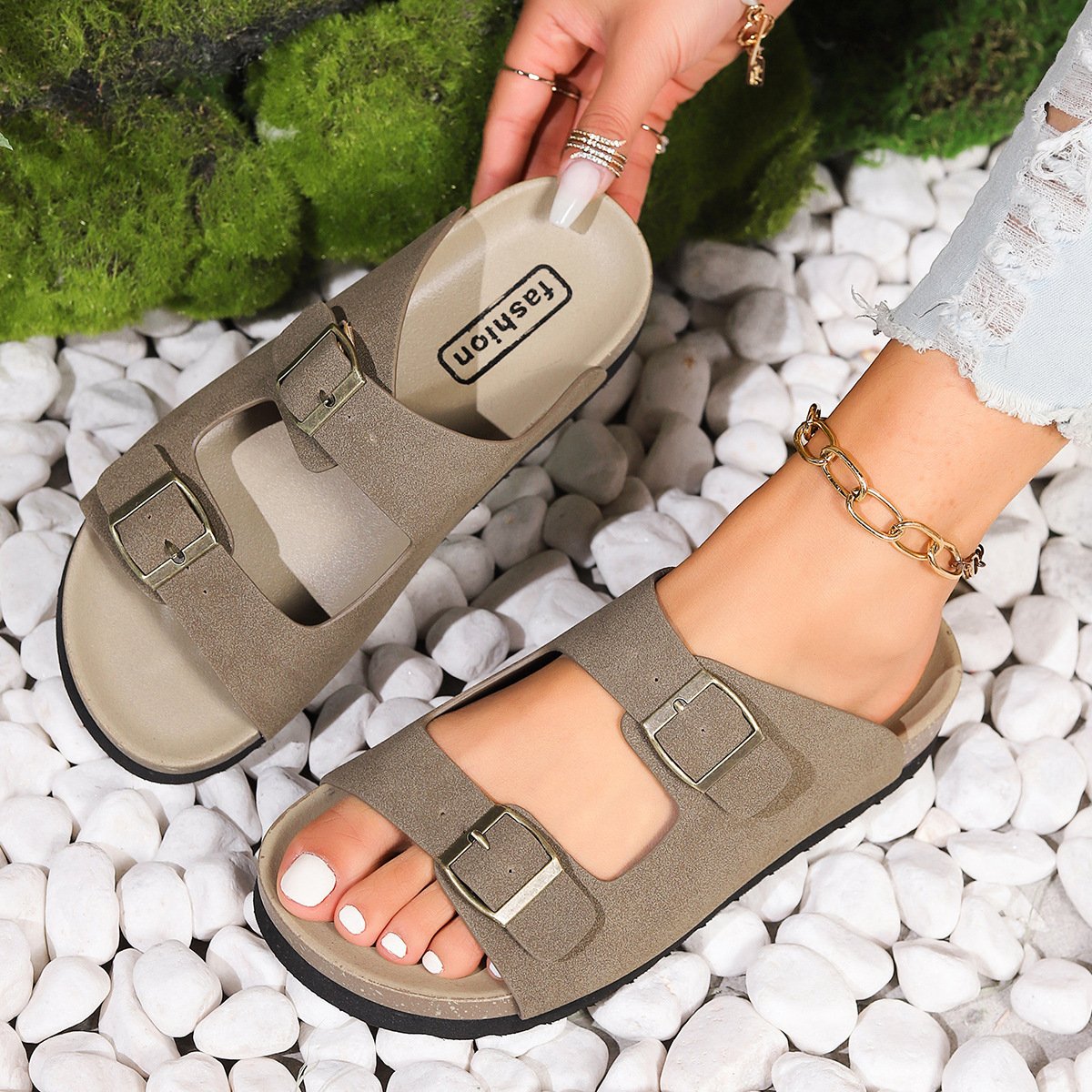 High Quality Summer Women Sandals 2024 Leather Upper Cork Sole Slippers