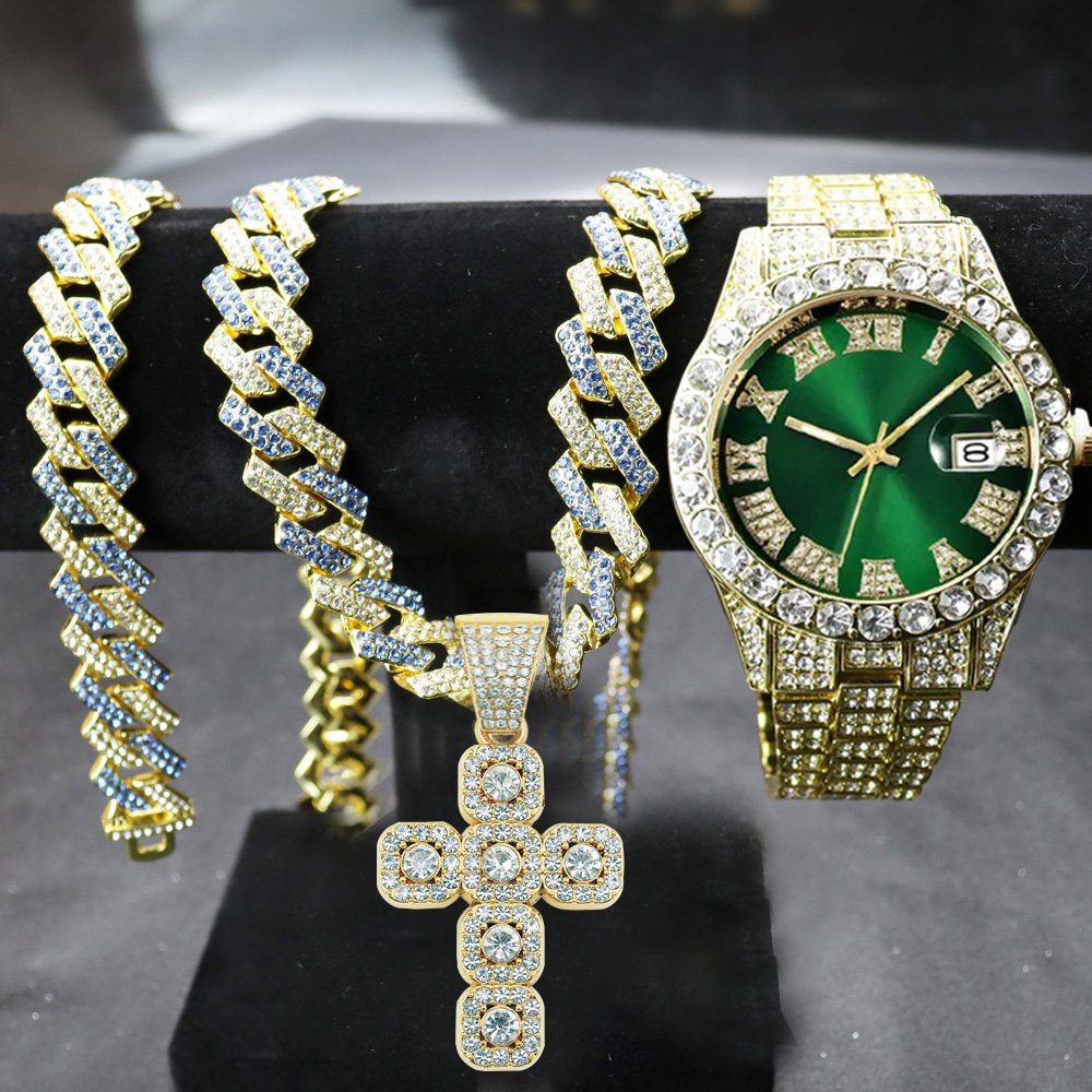 Hip Hop diamond watch gift set Fashion Pendant Necklace with Crystal Cuban Chain Iced Out watch for men Fashion Jewelry sets