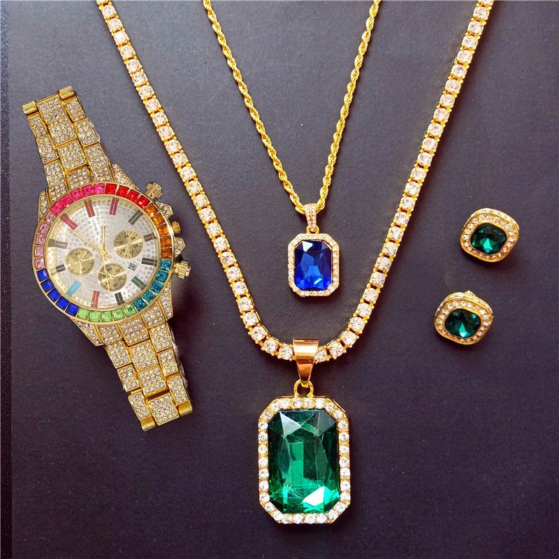 Hip Hop Jewelry sets for Men Watch+ Necklace + Pendant + Earrings set Iced Out men watches Paved Rhinestones Men Watch Reloj
