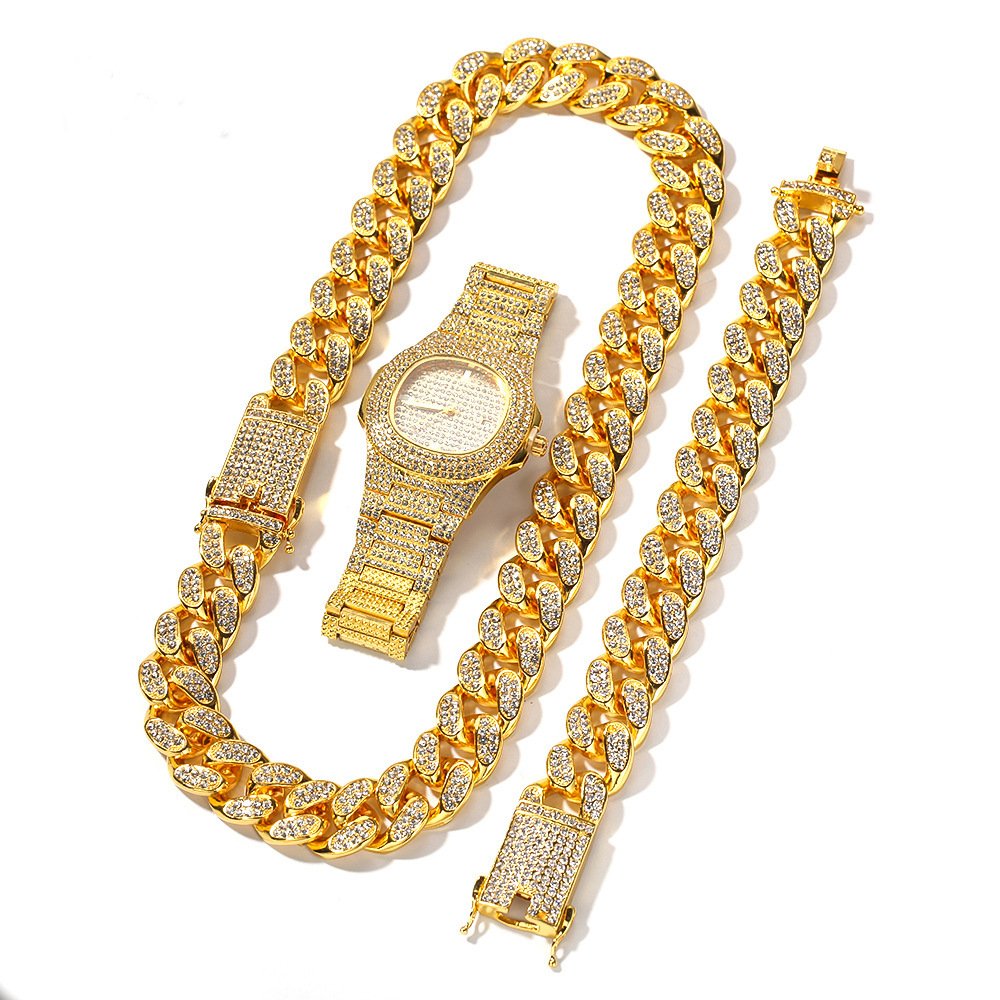 Hip Hop Men watch with box set Cuban Chain Gold Watches Necklace and Bracelet Set Luxury Watch and Necklace Set