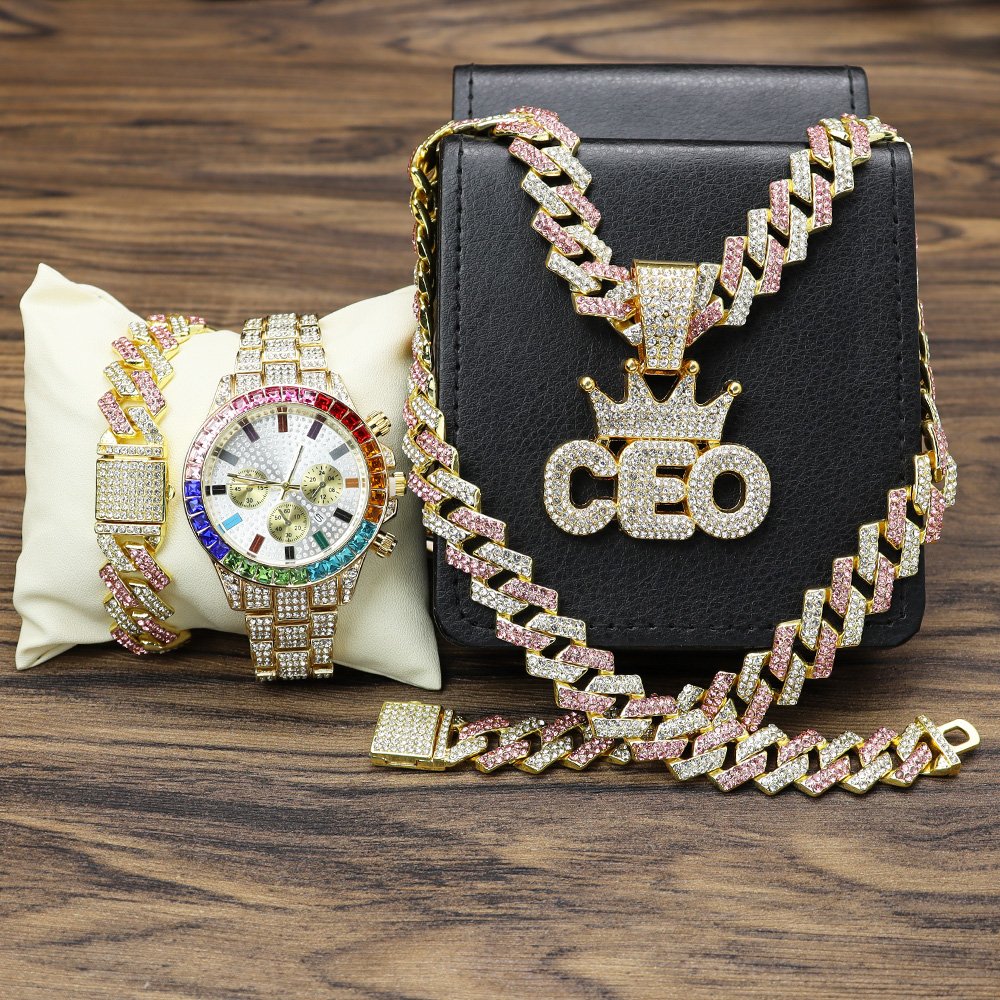 Hip Hop Men watches CEO Pendant Necklaces with bracelet set Iced Out Watch for men gift set Miami Cuban Link Chain Jewelry sets