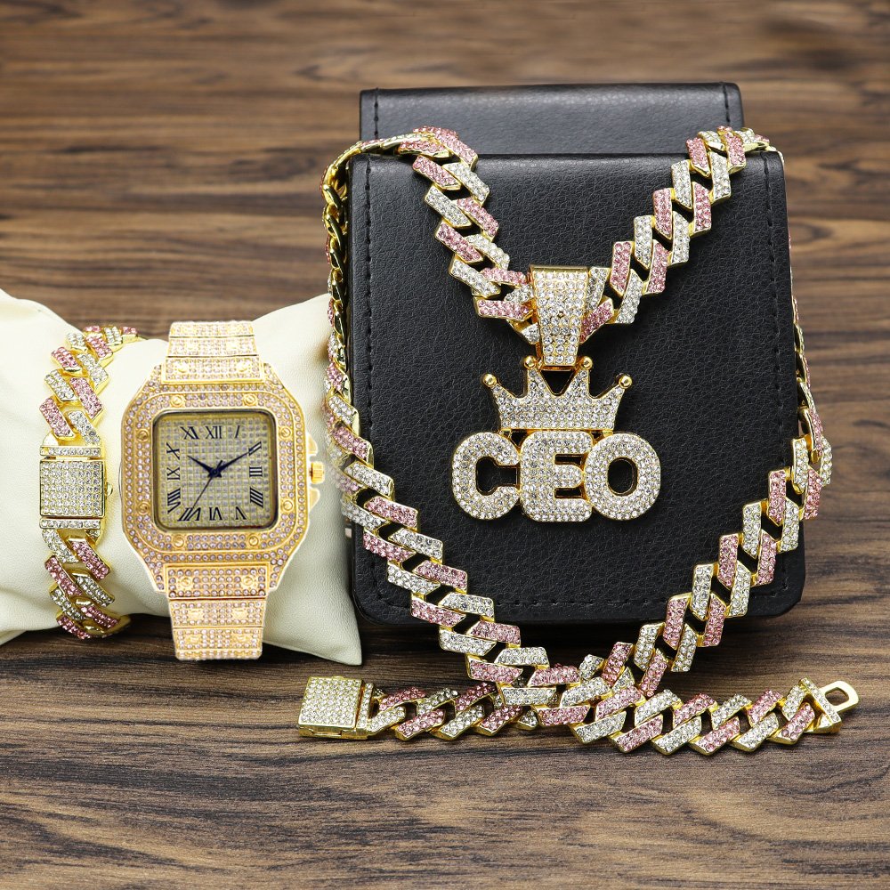Hip Hop Men watches CEO Pendant Necklaces with bracelet set Iced Out Watch for men gift set Miami Cuban Link Chain Jewelry sets