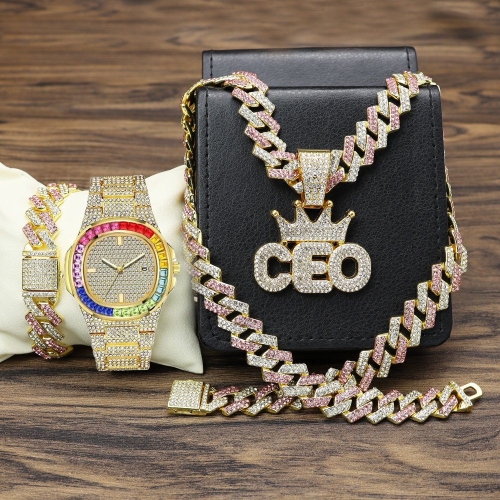 Hip Hop Men watches CEO Pendant Necklaces with bracelet set Iced Out Watch for men gift set Miami Cuban Link Chain Jewelry sets