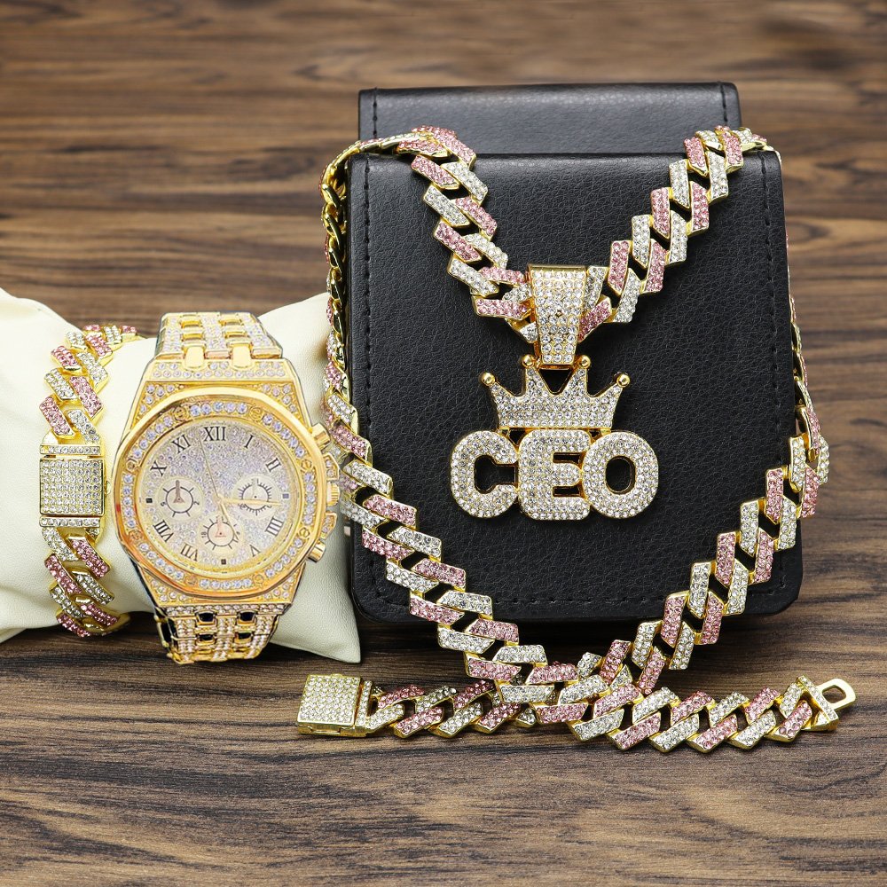 Hip Hop Men watches CEO Pendant Necklaces with bracelet set Iced Out Watch for men gift set Miami Cuban Link Chain Jewelry sets