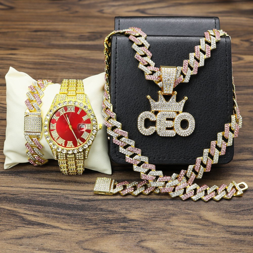 Hip Hop Men watches CEO Pendant Necklaces with bracelet set Iced Out Watch for men gift set Miami Cuban Link Chain Jewelry sets