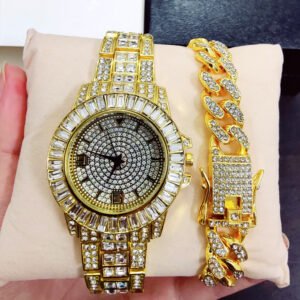 Iced Out quartz watches for Women Men Luxury Gold Diamond Watch with Bracelets set Cuban Chain for Men Watch montre femme