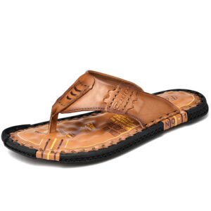 In Ready Stock High Quality Summer Flip-Flop Luxury Genuine Leather Flat Soft Bottom Beach Men Slippers