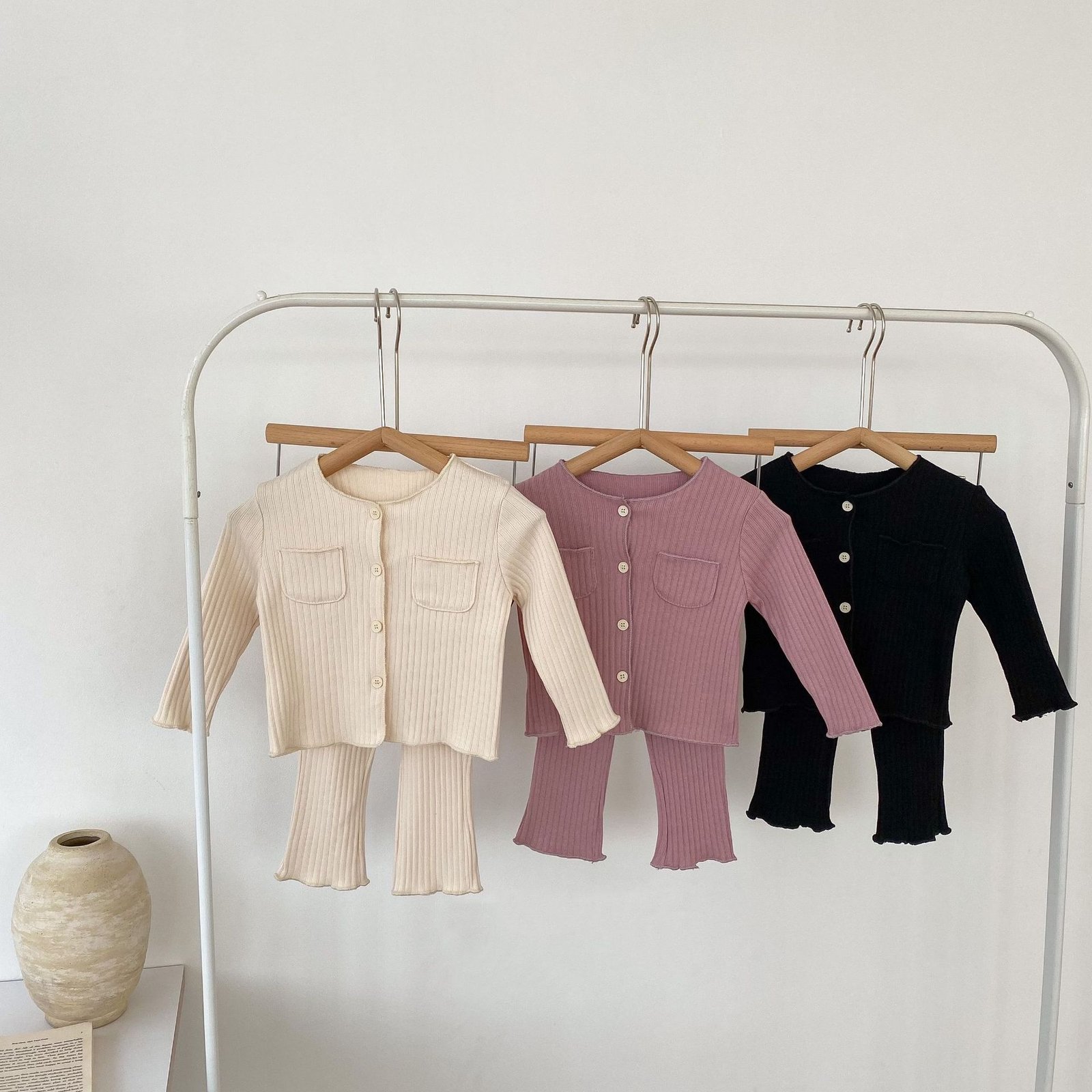 infant solid color knitted clothing set newborn pleated long sleeve jacket and pants set