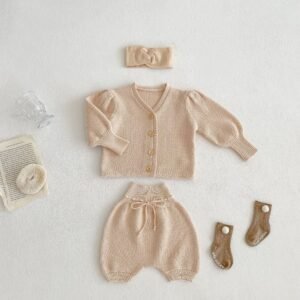 infant spring knitted clothing sets newborn solid color knit top pants two-piece suit baby simple