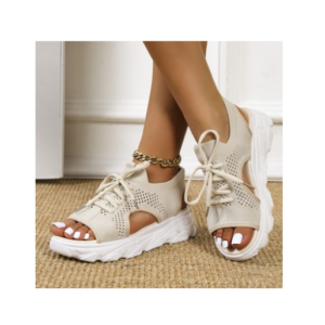 Large size sports sandals female summer new thick bottom flying fabric soft bottom leisure flat hollow fish mouth beach