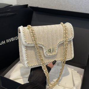 Large size women handbag straw summer shoulder bags chain purses for lady message bag