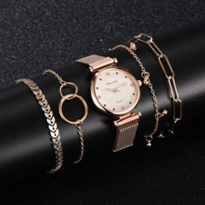 Luxury 5pcs Set Watches For Women Bracelet Rose Gold Magnet Buckle Flower Watch Women Ladies Clock Bracelet Set relogio feminino