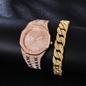 Luxury Watch Women Diamond Watch Set Gold Color Ladies Wrist Watch Full Lced Cuban Chain Bracelet Combination Set