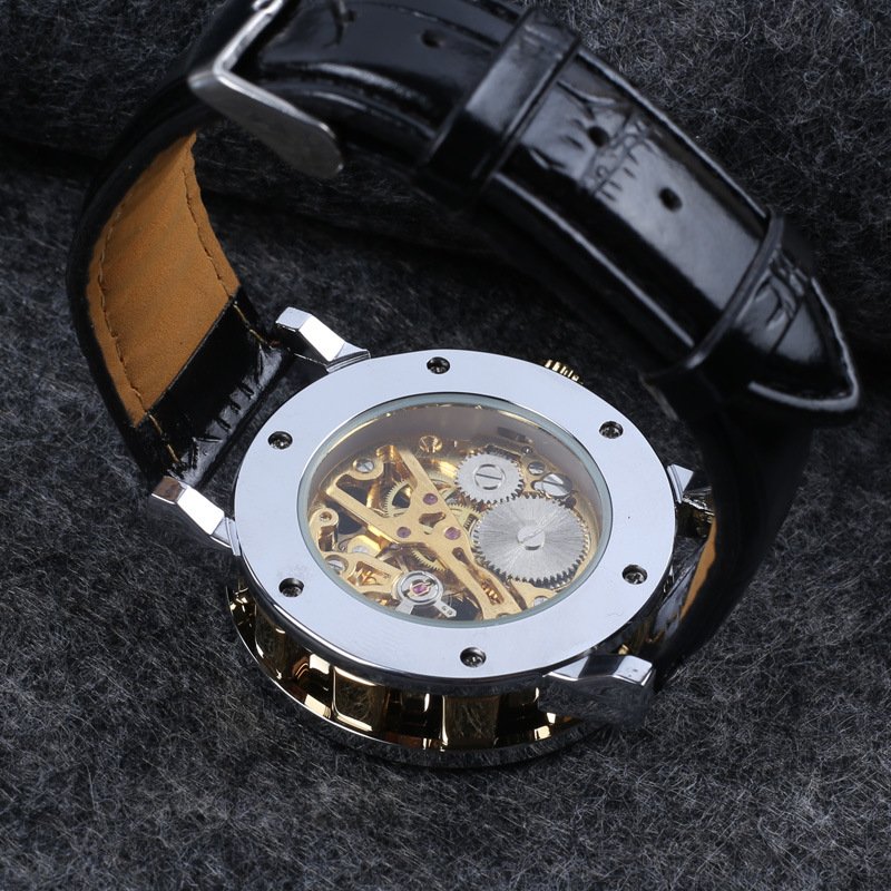 Mechanical watches Transparent Golden Case Luxury Design Brown Leather Strap Mens Watches Top Brand Mechanical Skeleton Watch