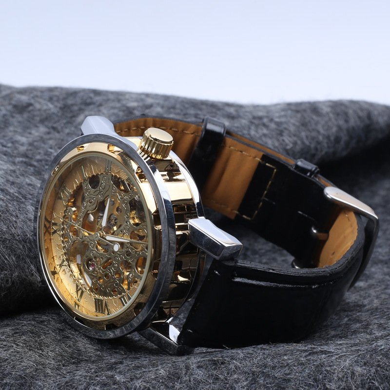 Mechanical watches Transparent Golden Case Luxury Design Brown Leather Strap Mens Watches Top Brand Mechanical Skeleton Watch