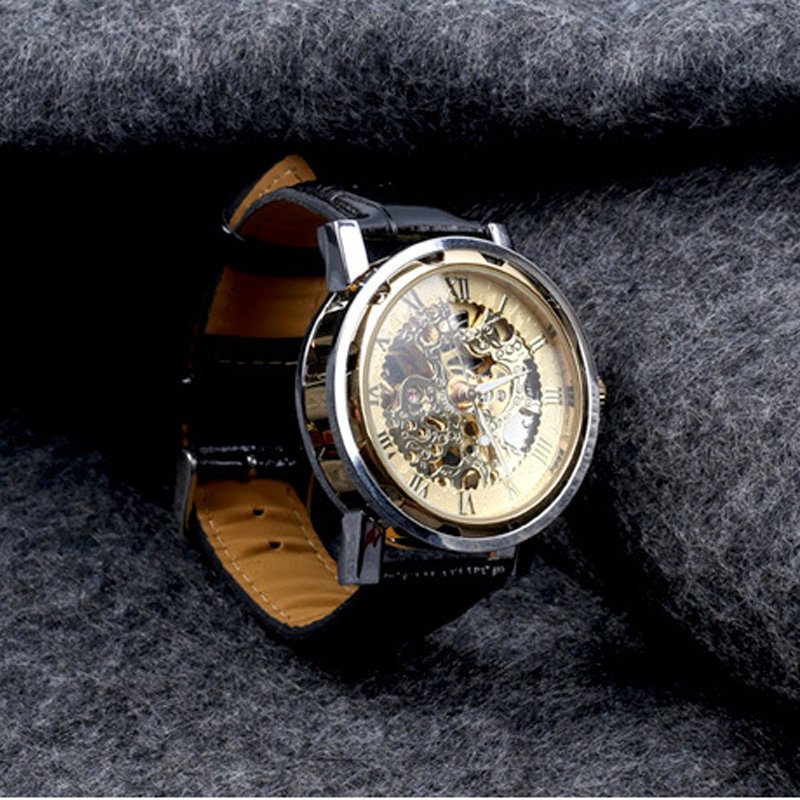 Mechanical watches Transparent Golden Case Luxury Design Brown Leather Strap Mens Watches Top Brand Mechanical Skeleton Watch