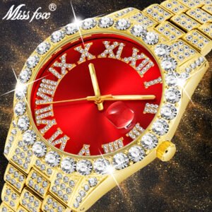 MISSFOX Men's Watches Modern Diamond Waterproof Red Watch Men Top Brand Luxury 18k Gold Man Watches Analog Quartz Wristwatch