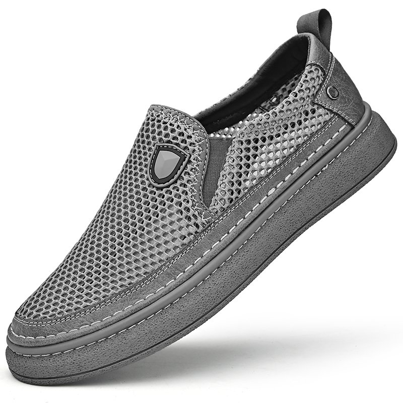 OEM Service In Ready Stock Genuine Leather Mesh Breathable Upper Men Summer Casual Loafers
