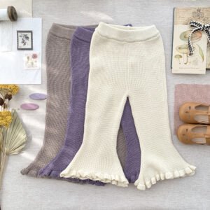 Q21118 Kids Knitted Bell Bottoms Baby Girls Ribbed Solid Ribbed Plaid Ruffled Pants Leggings Trousers