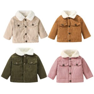 Q30812 plain fleece Baby Flap Detail Thermal Lined Corduroy Jacket Button Down Plush Children Coat Infant toddler