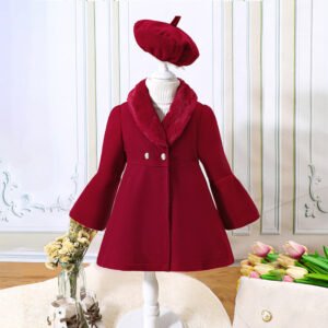 Q31109 Toddler Wool Fake Fur Collar Wool Blends Jackets Coats For Girls With Beret hat Kids Christmas Outwear Coat