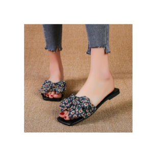 Small fragrant wind bow slippers female summer new square head flat simple one word casual slippers
