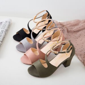 Summer new line button suede thick heel sandals Roman high heels