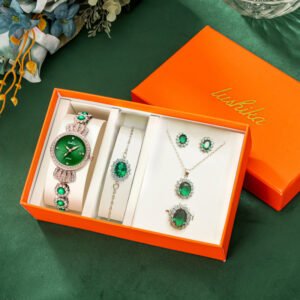 Top Brand Women watch gift set Fashion Women Watches Bracelet Necklace with box Set Ladies Quartz Watch Bracelet Set Green clock