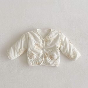 Winter new infant girls cotton coat Baby flower v-neck jacket Thickened long-sleeved baby coat