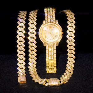 Women Watch+Necklace+Bracelet Hip Hop watches for men Miami Cuban Link Chain Gift set For Women Rhinestones Rapper c