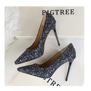 Women's high heels, shallow mouthed, pointed, sparkling sequins, sexy and slimming wedding high heels