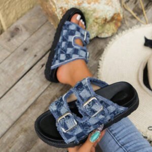 Women's Slippers with Tassel Denim Plaid Style Belt Buckle Thick Bottom Platform Plus Size Summer