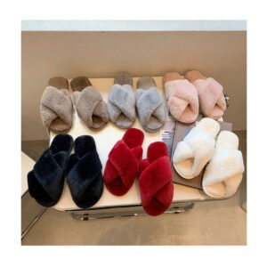 Woolly cotton slippers autumn and winter new women's flat open toe home cross plush slippers